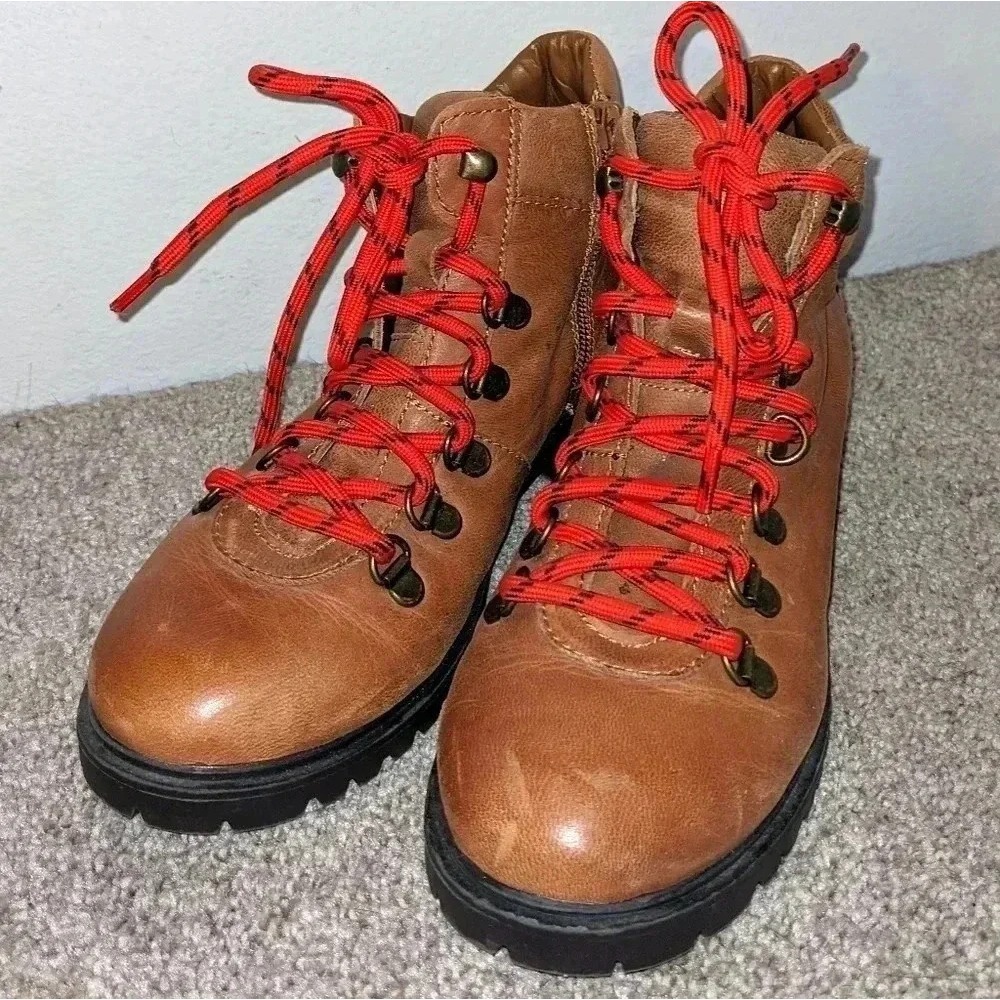 Steve Madden Hiker Combat Boot Womens Cognac Brown Leather Size 6.5